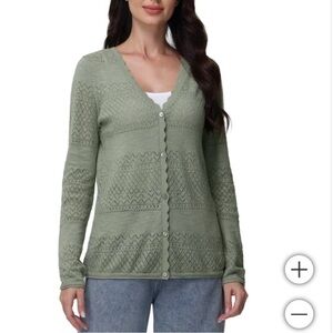 New Frye Women's Pointelle green eyelet Cardigan lightweight 100% cotton